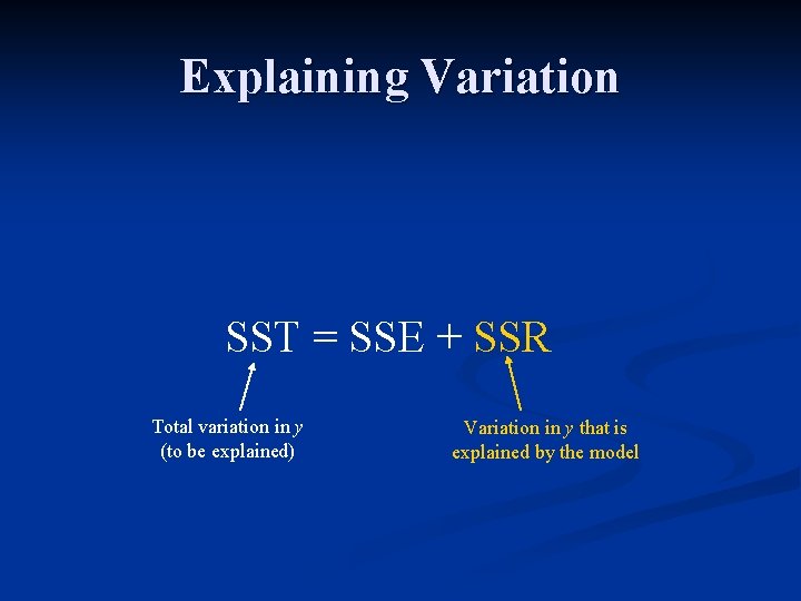 Explaining Variation SST = SSE + SSR Total variation in y (to be explained)