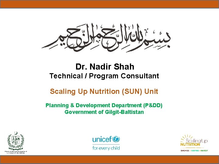  Dr. Nadir Shah Technical / Program Consultant Scaling Up Nutrition (SUN) Unit Planning