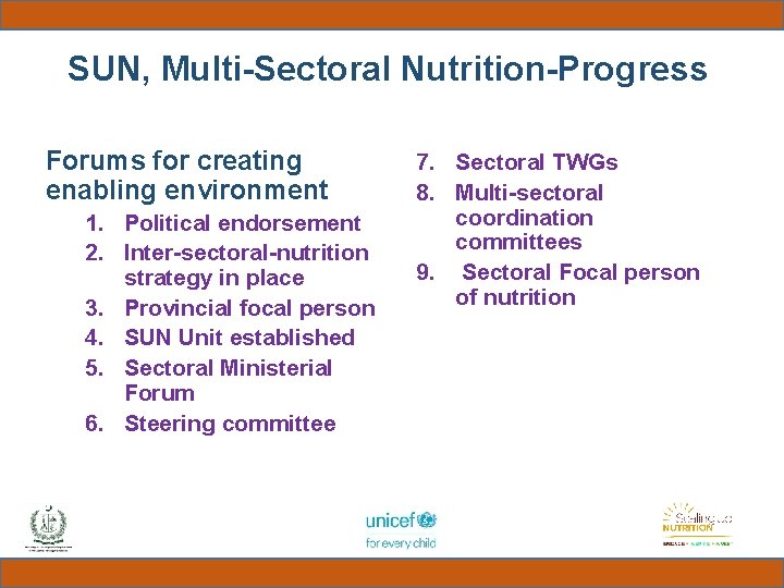 SUN, Multi-Sectoral Nutrition-Progress Forums for creating enabling environment 1. Political endorsement 2. Inter-sectoral-nutrition strategy