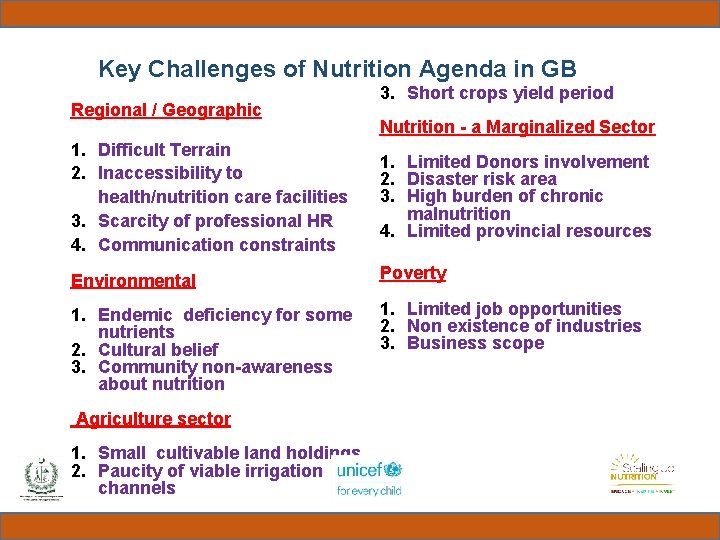  Key Challenges of Nutrition Agenda in GB Regional / Geographic 1. Difficult Terrain