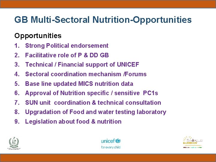 GB Multi-Sectoral Nutrition-Opportunities 1. Strong Political endorsement 2. Facilitative role of P & DD