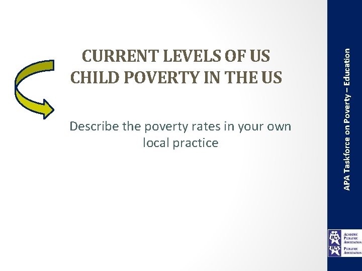 Describe the poverty rates in your own local practice APA Taskforce on Poverty –