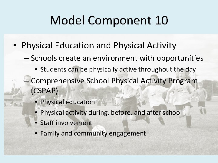 Model Component 10 • Physical Education and Physical Activity – Schools create an environment