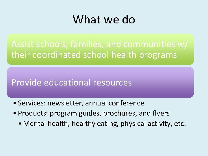 What we do Assist schools, families, and communities w/ their coordinated school health programs