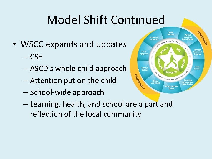 Model Shift Continued • WSCC expands and updates – CSH – ASCD’s whole child