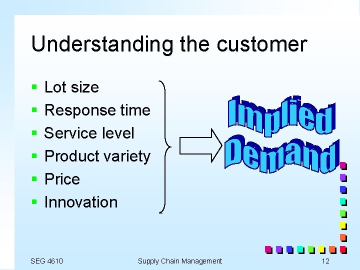 Understanding the customer § § § Lot size Response time Service level Product variety