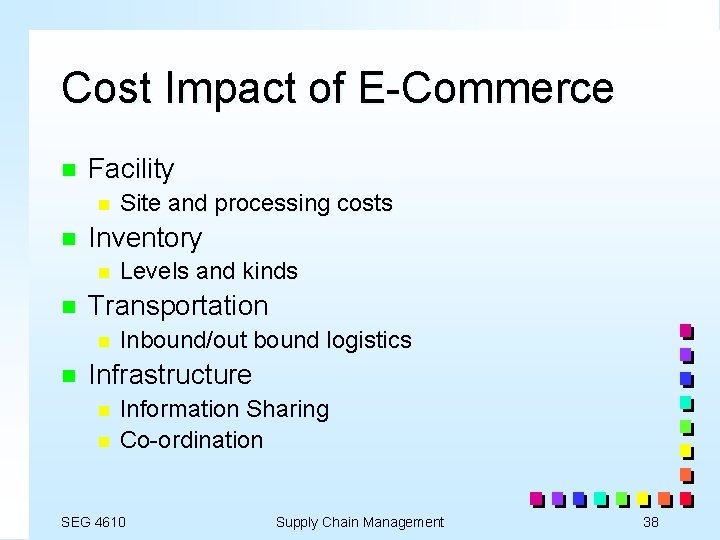 Cost Impact of E-Commerce n Facility n n Inventory n n Levels and kinds