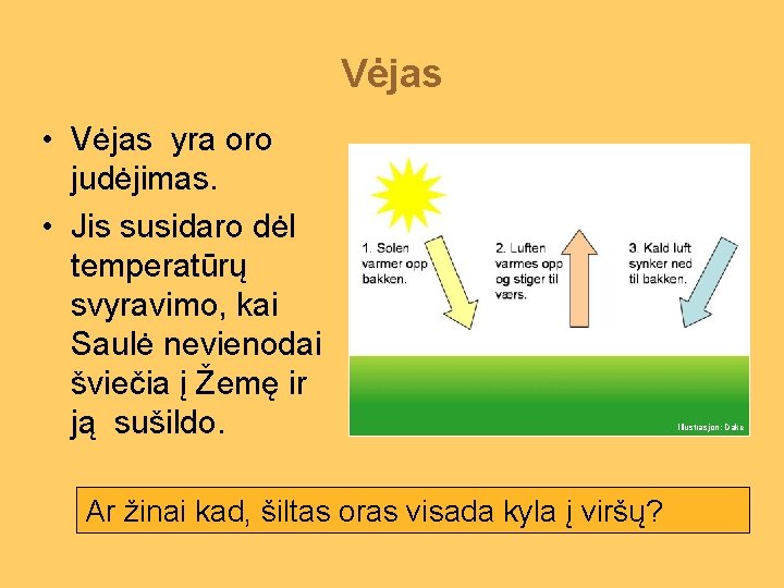 Vėjas • Vėjas yra oro judėjimas. • Jis susidaro dėl temperatūrų svyravimo, kai Saulė