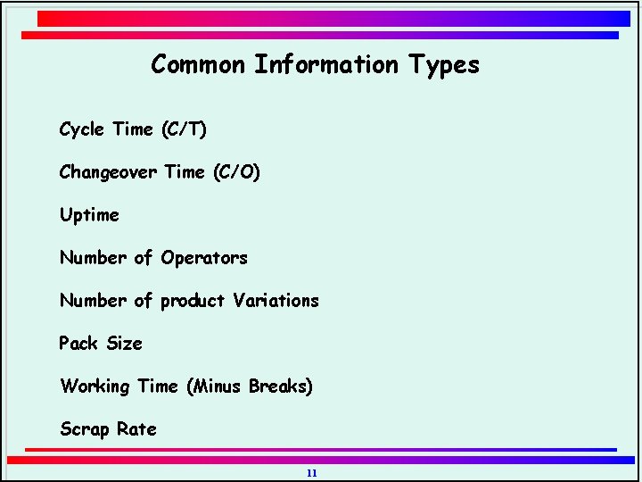 Common Information Types Cycle Time (C/T) Changeover Time (C/O) Uptime Number of Operators Number