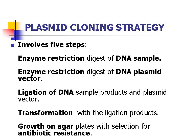 PLASMID CLONING STRATEGY n Involves five steps: Enzyme restriction digest of DNA sample. Enzyme