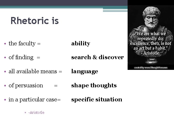 Rhetoric is • the faculty = ability • of finding = search & discover