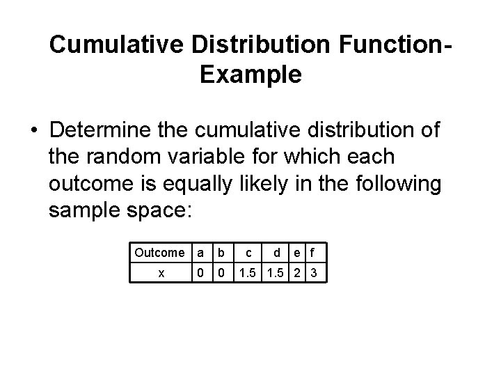 Cumulative Distribution Function. Example • Determine the cumulative distribution of the random variable for