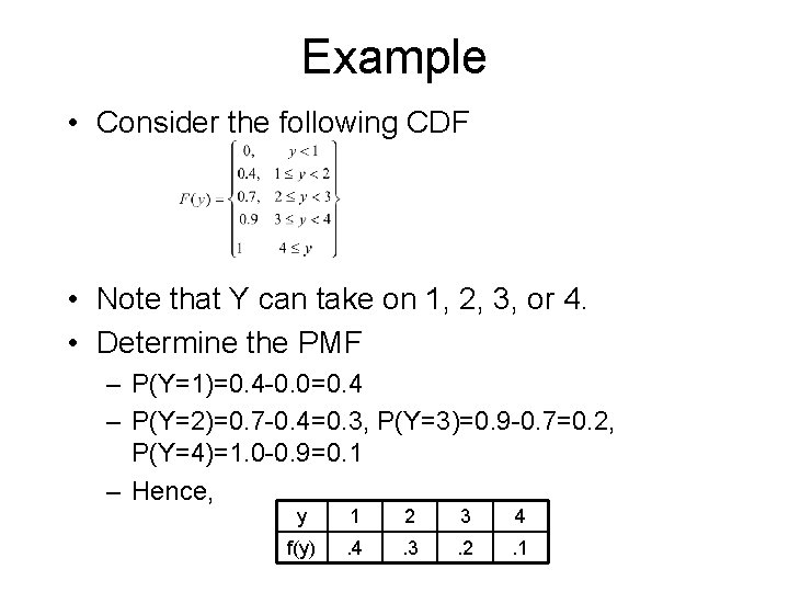 Example • Consider the following CDF • Note that Y can take on 1,