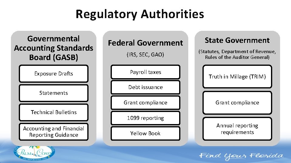 Regulatory Authorities Governmental Accounting Standards Board (GASB) Exposure Drafts Statements Federal Government (IRS, SEC,