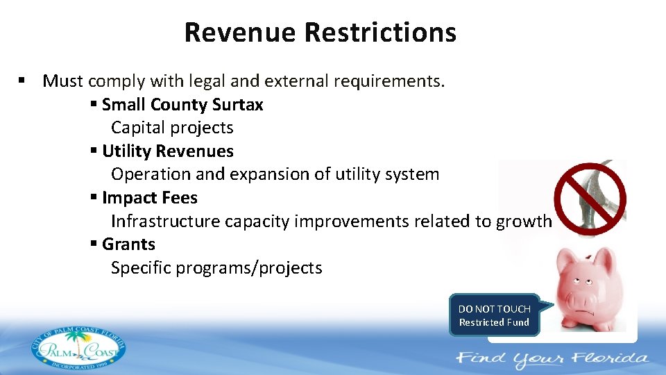 Revenue Restrictions § Must comply with legal and external requirements. § Small County Surtax