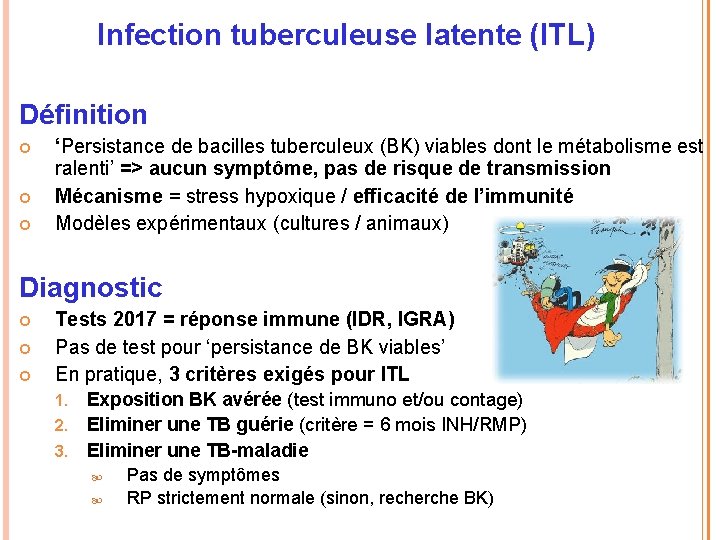 Infection tuberculeuse latente (ITL) Définition ‘Persistance de bacilles tuberculeux (BK) viables dont le métabolisme