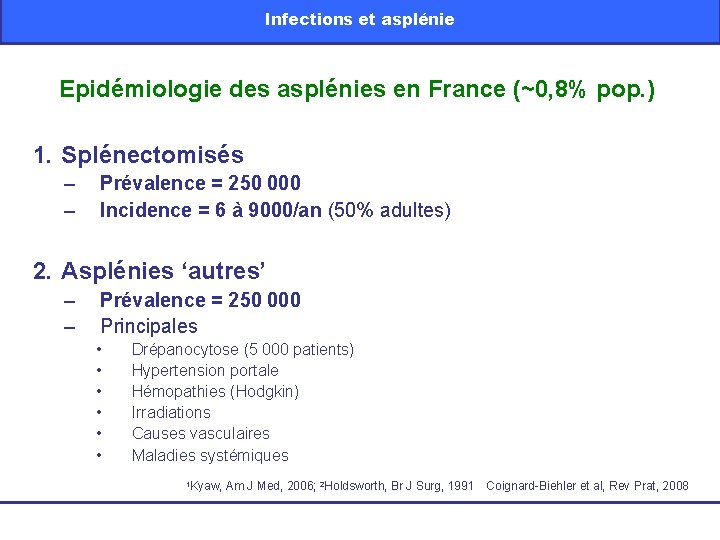 Infections et asplénie Epidémiologie des asplénies en France (~0, 8% pop. ) 1. Splénectomisés