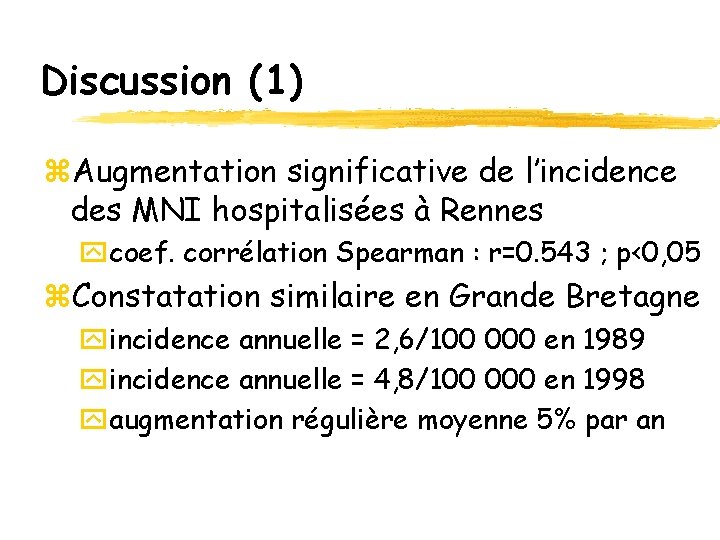 Discussion (1) z. Augmentation significative de l’incidence des MNI hospitalisées à Rennes ycoef. corrélation