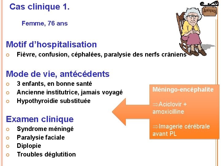 Cas clinique 1. Femme, 76 ans Motif d’hospitalisation Fièvre, confusion, céphalées, paralysie des nerfs