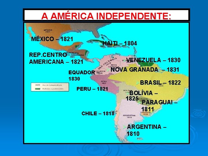 A AMÉRICA INDEPENDENTE: ØMÉXICO – 1821 ØHAITI – 1804 REP. CENTRO AMERICANA – 1821