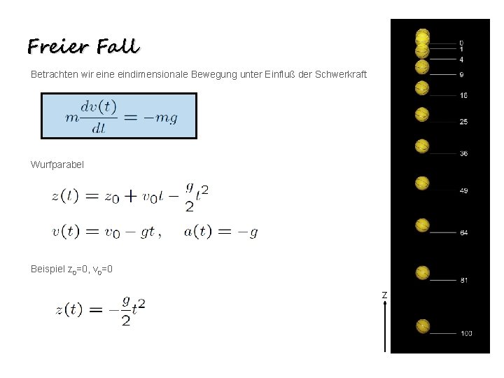 Freier Fall Betrachten wir eine eindimensionale Bewegung unter Einfluß der Schwerkraft Wurfparabel Beispiel z