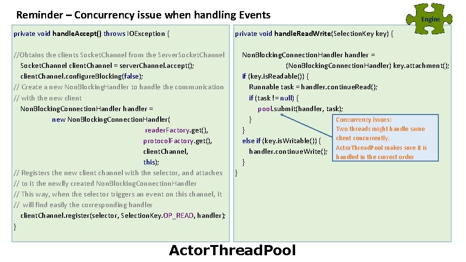 Reminder – Concurrency issue when handling Events Engine private void handle. Accept() throws IOException