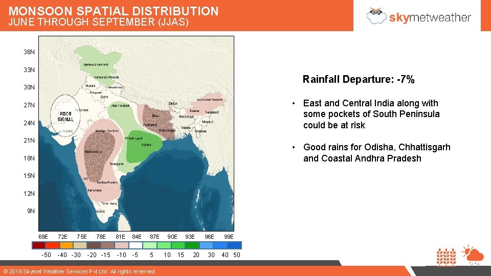 MONSOON SPATIAL DISTRIBUTION JUNE THROUGH SEPTEMBER (JJAS) 36 N 33 N Rainfall Departure: -7%