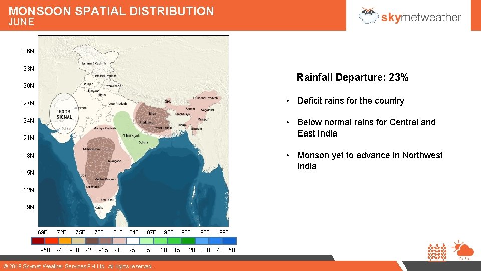 MONSOON SPATIAL DISTRIBUTION JUNE 36 N 33 N Rainfall Departure: 23% 30 N •