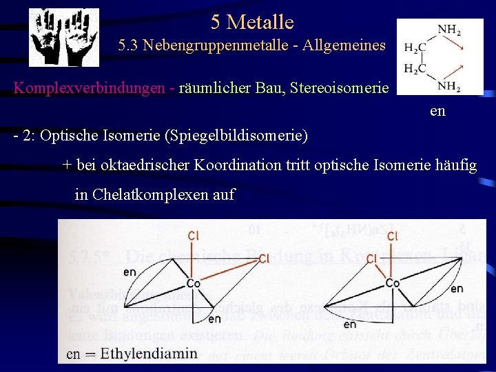 5 Metalle 5. 3 Nebengruppenmetalle - Allgemeines Komplexverbindungen - räumlicher Bau, Stereoisomerie en -