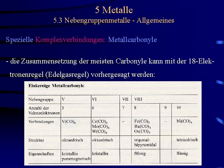 5 Metalle 5. 3 Nebengruppenmetalle - Allgemeines Spezielle Komplexverbindungen: Metallcarbonyle - die Zusammensetzung der