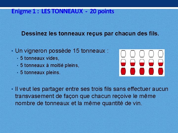 Enigme 1 : LES TONNEAUX - 20 points Dessinez les tonneaux reçus par chacun