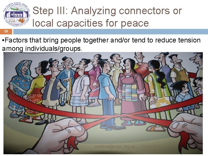 Step III: Analyzing connectors or local capacities for peace 19 • Factors that bring