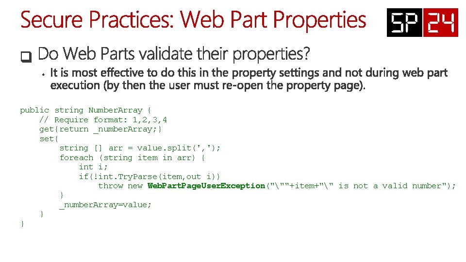 public string Number. Array { // Require format: 1, 2, 3, 4 get{return _number.