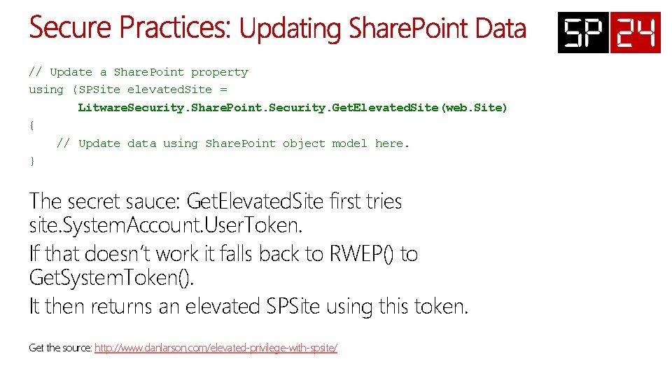 // Update a Share. Point property using (SPSite elevated. Site = Litware. Security. Share.