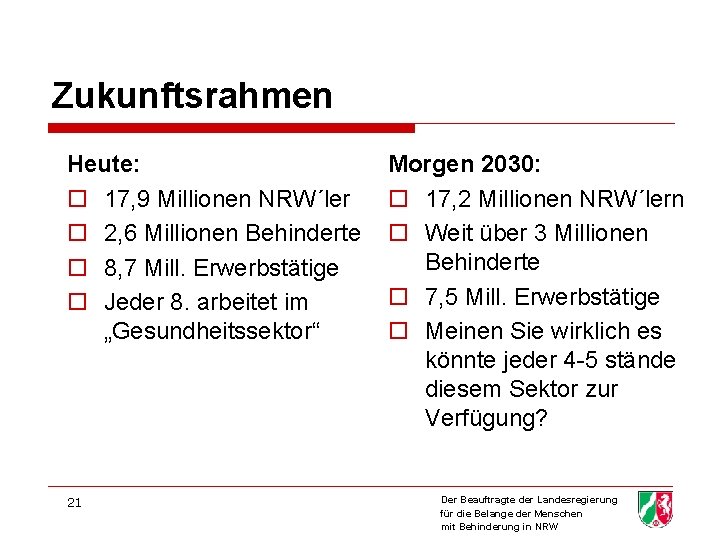 Zukunftsrahmen Heute: o 17, 9 Millionen NRW´ler o 2, 6 Millionen Behinderte o 8,