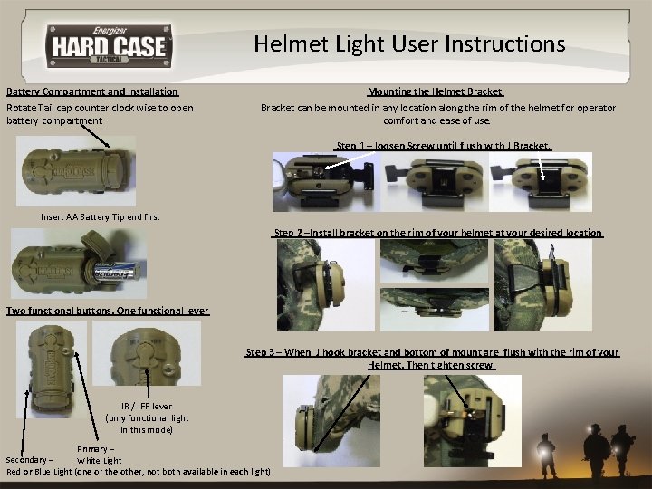 Helmet Light User Instructions Battery Compartment and Installation Rotate Tail cap counter clock wise