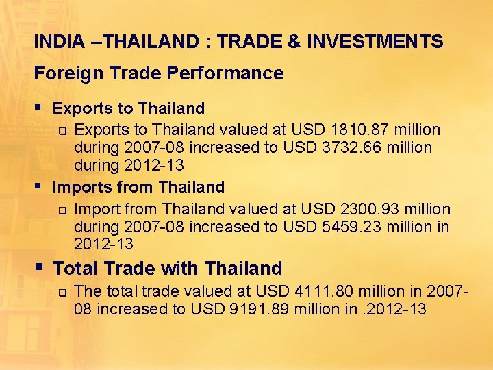 INDIA –THAILAND : TRADE & INVESTMENTS Foreign Trade Performance § Exports to Thailand valued INDIA –THAILAND : TRADE & INVESTMENTS Foreign Trade Performance § Exports to Thailand valued