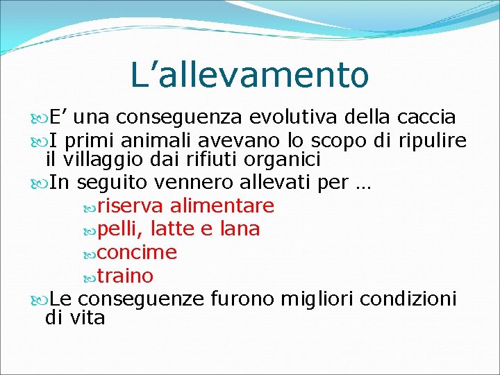 L’allevamento E’ una conseguenza evolutiva della caccia I primi animali avevano lo scopo di