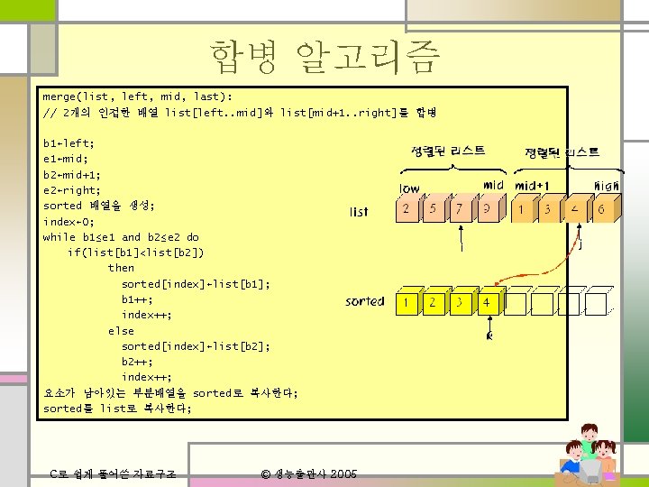합병 알고리즘 merge(list, left, mid, last): // 2개의 인접한 배열 list[left. . mid]와 list[mid+1.