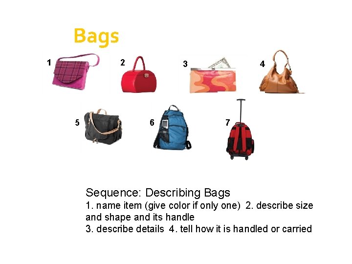 Bags 1 2 5 4 3 6 7 Sequence: Describing Bags 1. name item Bags 1 2 5 4 3 6 7 Sequence: Describing Bags 1. name item