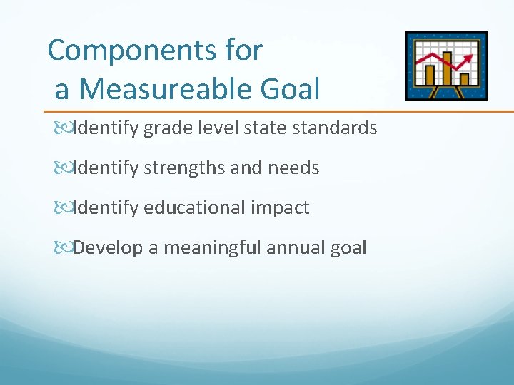 Components for a Measureable Goal Identify grade level state standards Identify strengths and needs