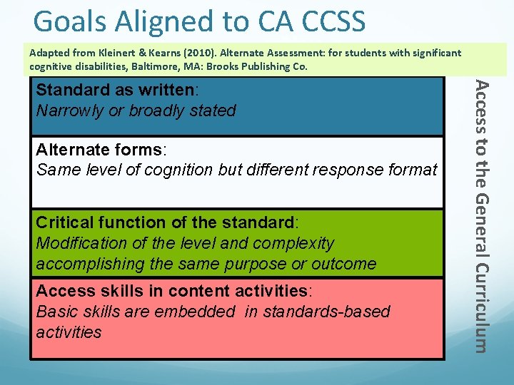 Goals Aligned to CA CCSS Adapted from Kleinert & Kearns (2010). Alternate Assessment: for