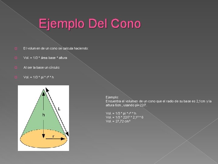 Ejemplo Del Cono � El volumen de un cono se calcula haciendo: � Vol.