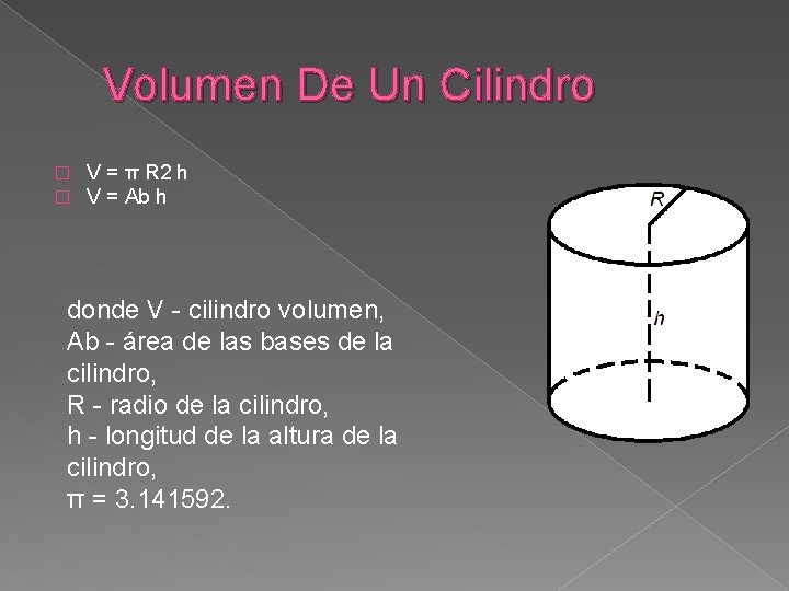 Volumen De Un Cilindro � � V = π R 2 h V =