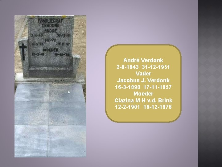 André Verdonk 2 -8 -1943 31 -12 -1951 Vader Jacobus J. Verdonk 16 -3 André Verdonk 2 -8 -1943 31 -12 -1951 Vader Jacobus J. Verdonk 16 -3