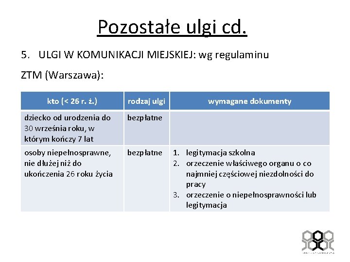 Pozostałe ulgi cd. 5. ULGI W KOMUNIKACJI MIEJSKIEJ: wg regulaminu ZTM (Warszawa): kto (<