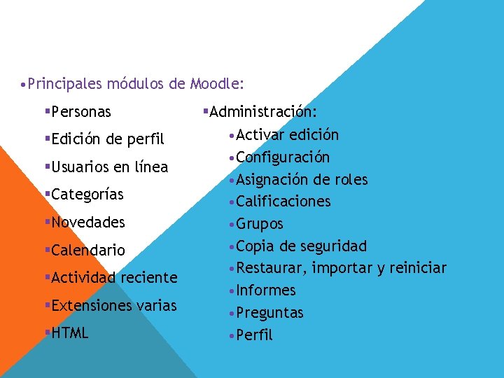 • Principales módulos de Moodle: §Personas §Edición de perfil §Usuarios en línea §Categorías • Principales módulos de Moodle: §Personas §Edición de perfil §Usuarios en línea §Categorías