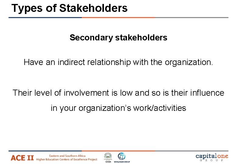 Types of Stakeholders Secondary stakeholders Have an indirect relationship with the organization. Their level