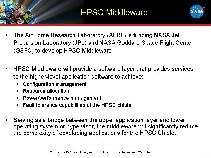 HPSC Middleware • The Air Force Research Laboratory (AFRL) is funding NASA Jet Propulsion