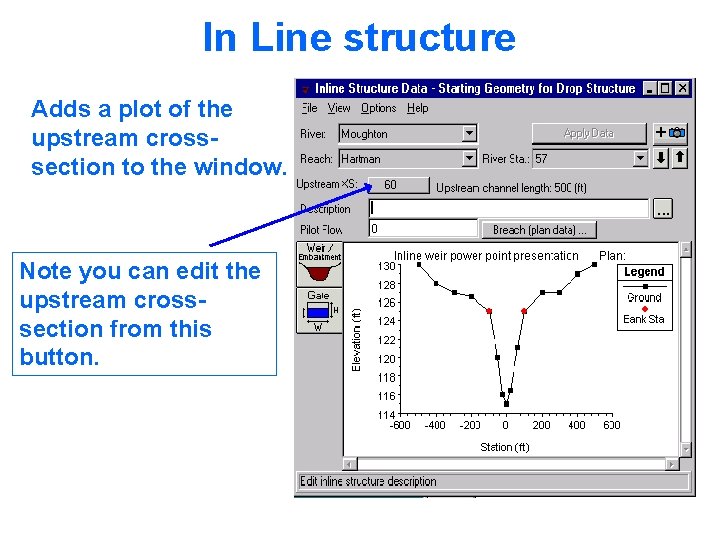 In Line structure Adds a plot of the upstream crosssection to the window. Note